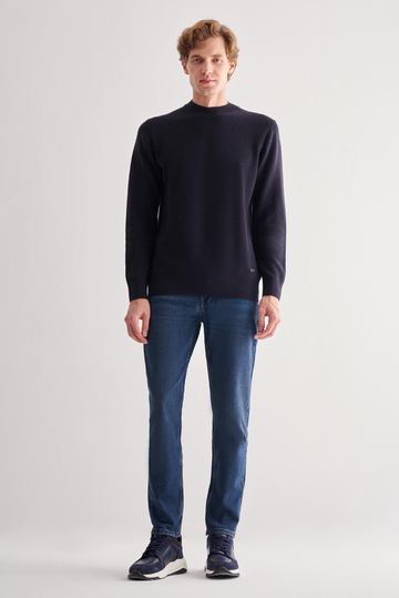 Koyu Lacivert Yarım Balıkçı Yaka Uzun Kol Cepsiz Comfort Fit Casual Pamuklu Triko Kazak 1012255203