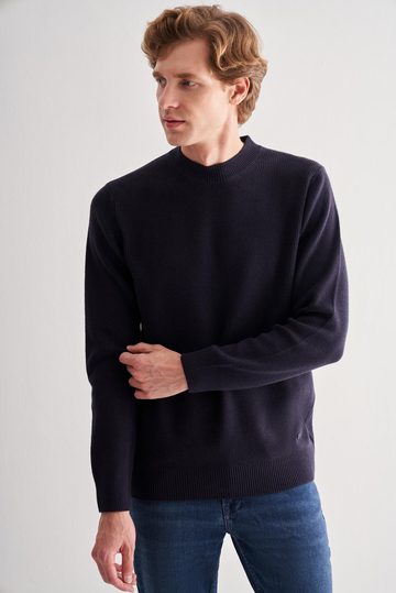 Koyu Lacivert Yarım Balıkçı Yaka Uzun Kol Cepsiz Comfort Fit Casual Pamuklu Triko Kazak 1012255203