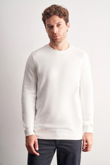 Krem Uzun Kol Bisiklet Yaka Düz Pamuklu Comfort Fit Sweatshirt 1013255150