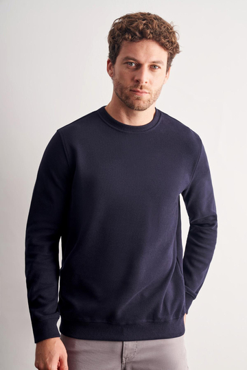 Lacivert Uzun Kol Bisiklet Yaka Düz Pamuklu Comfort Fit Sweatshirt 1013255150