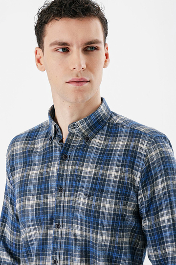 Mavi Uzun Kollu Ekoseli Bez Ayağı Düğmeli Yaka Cepli Pamuklu Comfort Fit Gömlek 1004235173