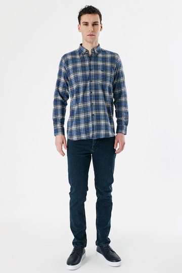 Mavi Uzun Kollu Ekoseli Bez Ayağı Düğmeli Yaka Cepli Pamuklu Comfort Fit Gömlek 1004235173