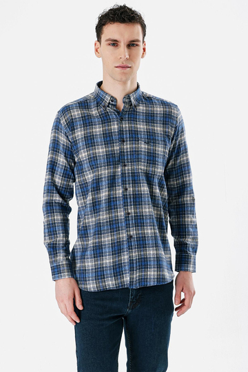 Mavi Uzun Kollu Ekoseli Bez Ayağı Düğmeli Yaka Cepli Pamuklu Comfort Fit Gömlek 1004235173