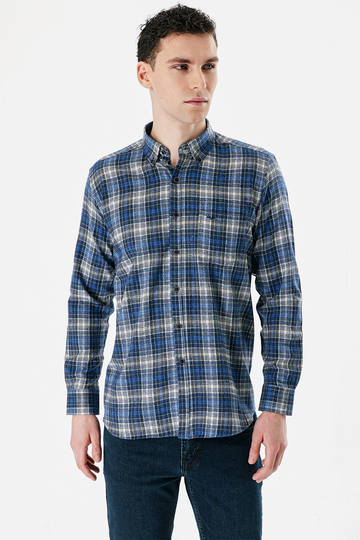 Mavi Uzun Kollu Ekoseli Bez Ayağı Düğmeli Yaka Cepli Pamuklu Comfort Fit Gömlek 1004235173