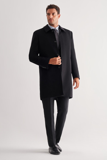 Siyah 110 Cm Kaşe Düz Sırt Kapitoneli Astar Comfort Fit Classic Palto 1005255154