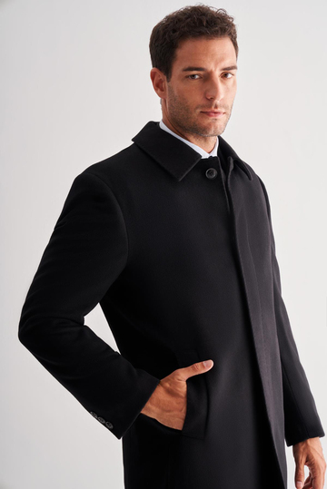 Siyah 110 Cm Kaşe Düz Sırt Kapitoneli Astar Comfort Fit Classic Palto 1005255154