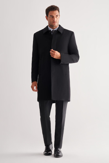 Siyah 110 Cm Kaşe Düz Sırt Kapitoneli Astar Comfort Fit Classic Palto 1005255154