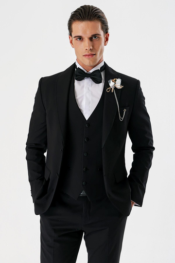 Siyah Çıkarılabilir Şal Yaka Yelekli Likralı 6 Drop Slim Fit Smokin Damatlık 1001240202