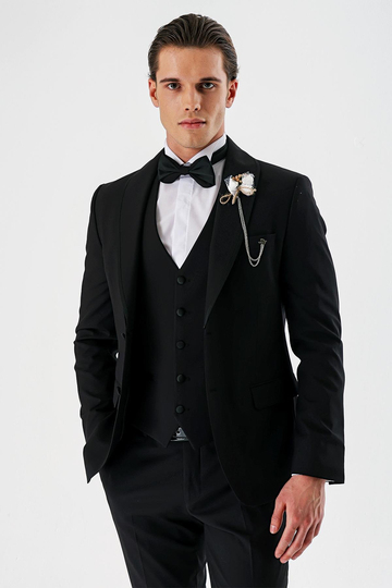 Siyah Çıkarılabilir Şal Yaka Yelekli Likralı 6 Drop Slim Fit Smokin Damatlık 1001240202