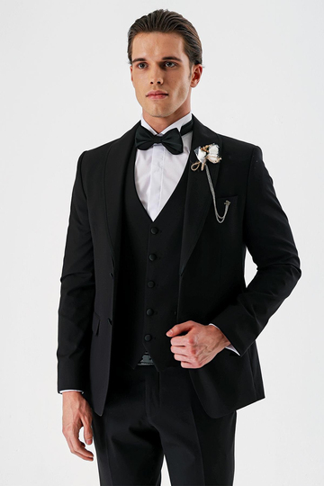 Siyah Çıkarılabilir Şal Yaka Yelekli Likralı 6 Drop Slim Fit Smokin Damatlık 1001240202