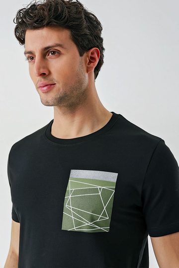 Siyah Baskılı Bez Ayağı Bisiklet Yaka %100 Pamuk Casual Slim Fit Dar Kesim Tişört 1011240169