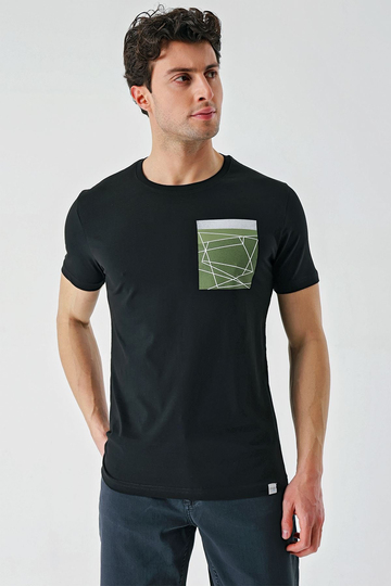 Siyah Baskılı Bez Ayağı Bisiklet Yaka %100 Pamuk Casual Slim Fit Dar Kesim Tişört 1011240169