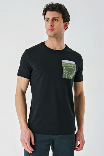 Siyah Baskılı Bez Ayağı Bisiklet Yaka %100 Pamuk Casual Slim Fit Dar Kesim Tişört 1011240169