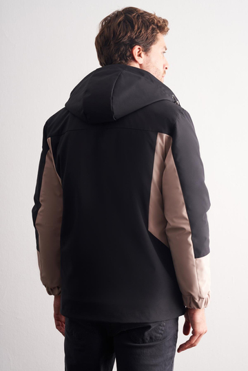 Siyah - Bej Kapüşonlu Yaka Bondid Yırtmaçsız Casual Mont 1007255134