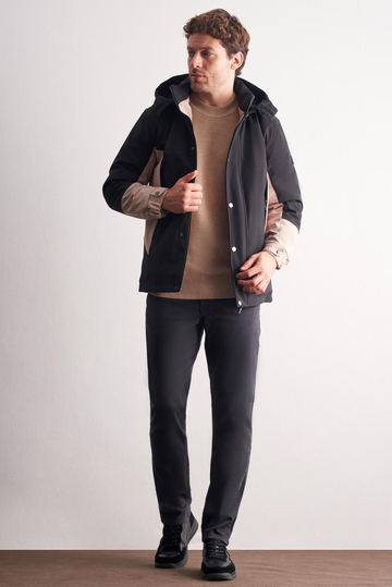 Siyah - Bej Kapüşonlu Yaka Bondid Yırtmaçsız Casual Mont 1007255134