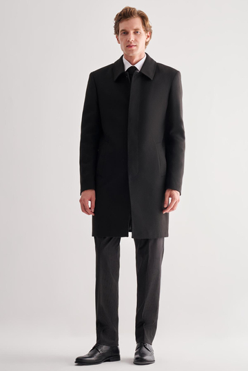 Siyah Berberi Yaka Tam Astar Classic Comfort Fit Esnek Kaşe Palto 1005255152