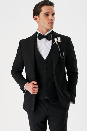 Siyah Çıkarılabilir Şal Yaka Yelekli Likralı 6 Drop Slim Fit Smokin Damatlık 1001240202