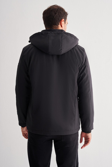 Siyah Dik Yaka Çıkma Kapşonlu Slim Fit Casual Mont 1007255133
