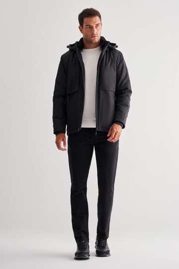 Siyah Dik Yaka Çıkma Kapşonlu Slim Fit Casual Mont 1007255133