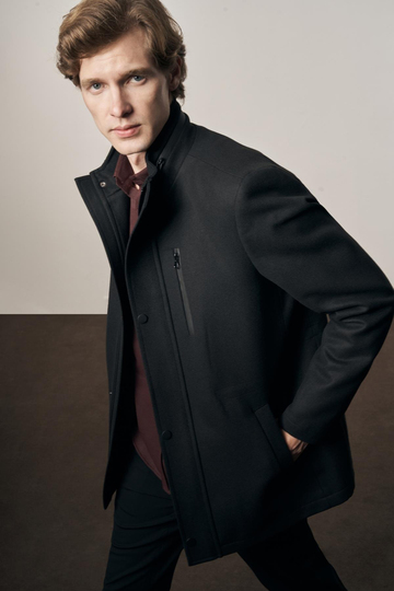 Siyah Dik Yaka Tam Astar Classic Slim Fit Esnek Kaşe Kaban 1008255150