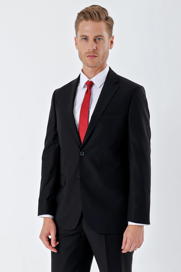 Siyah Gabardin Mono Yaka 8 Drop Slim Fit Dar Kesim Basic Takım Elbise 1001240006