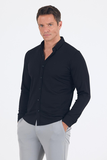 Siyah İtalyan Düğmeli Yaka UzunKol Cepsiz Slim Fit Gömlek 1004250254
