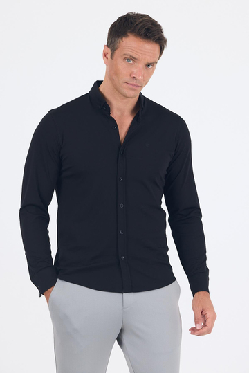 Siyah İtalyan Düğmeli Yaka UzunKol Cepsiz Slim Fit Gömlek 1004250254