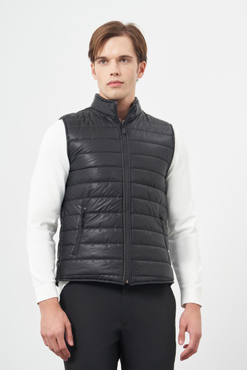 Siyah Kapitone Dik Yaka Düz Garnisiz-Biyesiz Slim Fit Yelek 1009245151