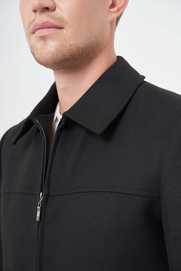 Siyah Kaşe Bebe Yaka Düz Yırtmaçsız Tam Astar Slim Fit Classic Mont 1007245121