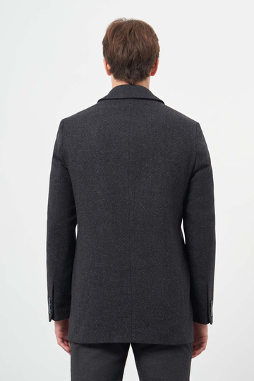 Siyah Kaşe Bebe Yaka Kendinden Desenli Sırt Kapitoneli Astar Comfort Fit Classic Kaban 1008245155