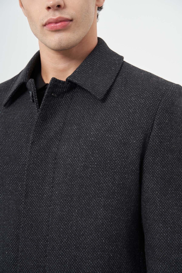 Siyah Kaşe Bebe Yaka Kendinden Desenli Sırt Kapitoneli Astar Comfort Fit Classic Kaban 1008245155