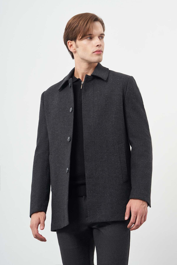 Siyah Kaşe Bebe Yaka Kendinden Desenli Sırt Kapitoneli Astar Comfort Fit Classic Kaban 1008245155