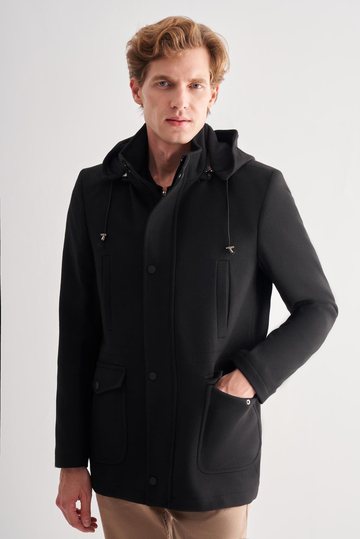 Siyah Kaşe Dik Yaka Astarlı Slim Fit Dar Kesim Klasik Kaban 1008245272