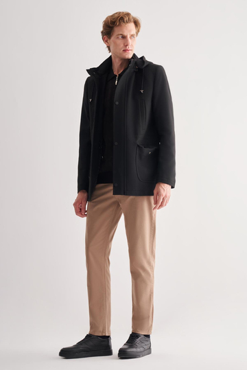 Siyah Kaşe Dik Yaka Astarlı Slim Fit Dar Kesim Klasik Kaban 1008245272