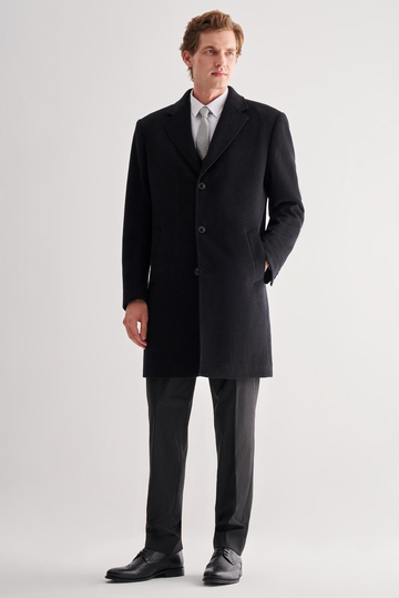Siyah Mono Yaka Palto Tam Astar Classic Comfort Fit Yünlü Kaşe Palto 1005255151