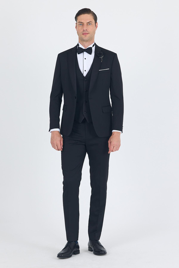 Siyah Mono Yaka Tek Düğme Slim Fit Yelekli Ceremony Takım Elbise 1001250201
