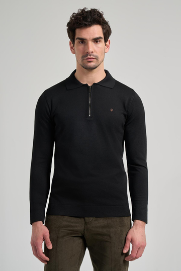 Siyah Polo Yaka Düz Casual Pamuklu Slim Fit Triko 1012245250