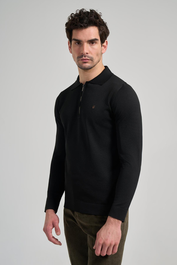 Siyah Polo Yaka Düz Casual Pamuklu Slim Fit Triko 1012245250