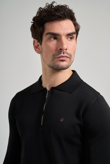 Siyah Polo Yaka Düz Casual Pamuklu Slim Fit Triko 1012245250