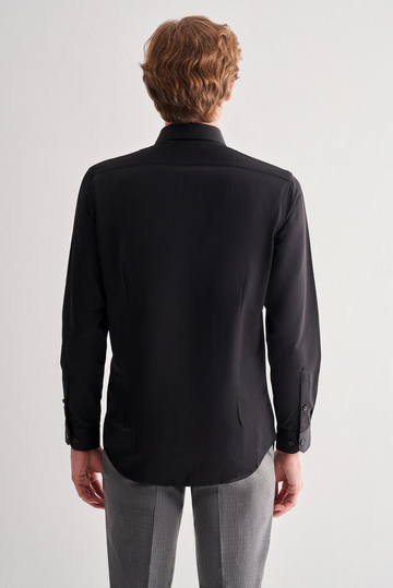 Siyah Sert Yaka Uzun Kol Slim Fit Pamuklu Gömlek 1004255175