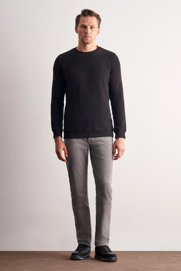 Siyah Uzun Kol Bisiklet Yaka Düz Pamuklu Comfort Fit Sweatshirt 1013255150