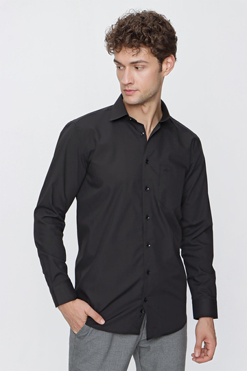 Siyah Uzun Kol Düz Bez Ayağı 041 Sert Yaka Basic Comfort Fit Gömlek 1004245051