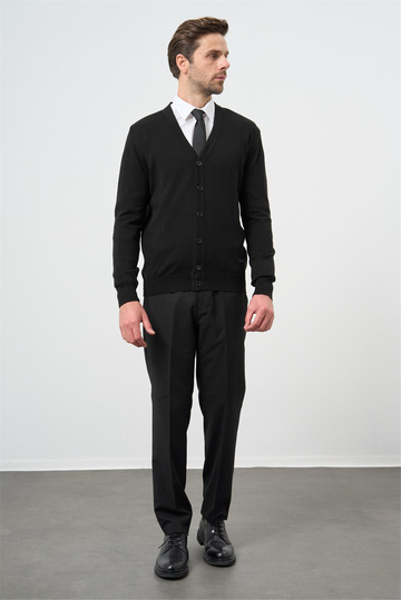 Siyah Uzun Kol Düz Örme V Yaka Classic Comfort Fit Triko 1012245016