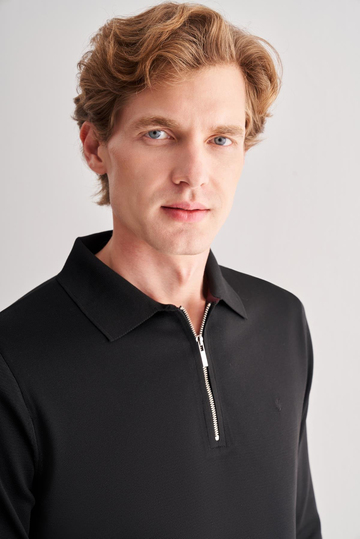 Siyah Uzun Kol Fermuarlı Yaka Cepsiz  Slim Fit  Triko 1012255150