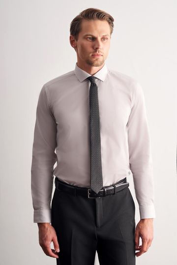 Taş Rengi Yarım İtalyan Yaka Uzun Kol Easy To Iron Slim Fit Pamuklu Gömlek 1004255301