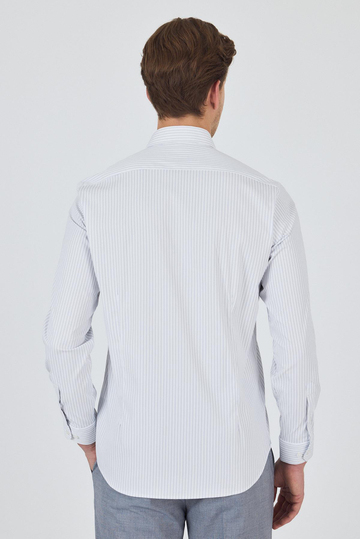 Uzun Kol Çizgili Desen Bez Ayağı Sert Yaka Cepsiz Esnek Classic Slim Fit Gömlek 1004250159