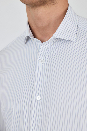 Uzun Kol Çizgili Desen Bez Ayağı Sert Yaka Cepsiz Esnek Classic Slim Fit Gömlek 1004250159