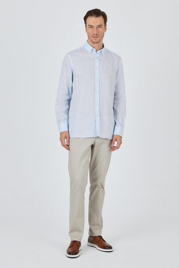 Uzun Kol Düz Keten Düğmeli Yaka Cepsiz Casual Comfort Fit Gömlek 1004250114