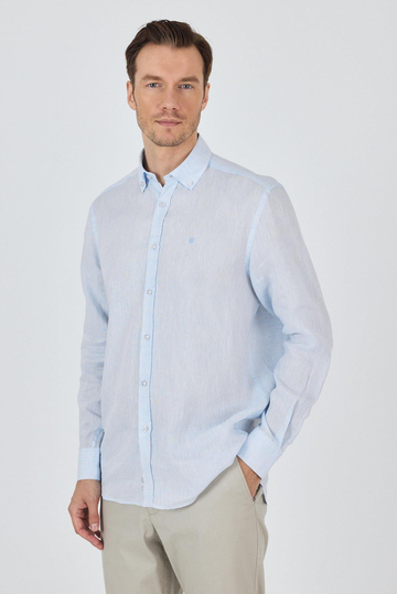 Uzun Kol Düz Keten Düğmeli Yaka Cepsiz Casual Comfort Fit Gömlek 1004250114