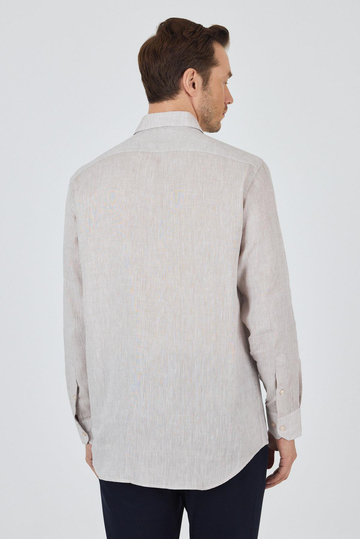 Uzun Kol Düz Keten Düğmeli Yaka Cepsiz Casual Comfort Fit Gömlek 1004250114
